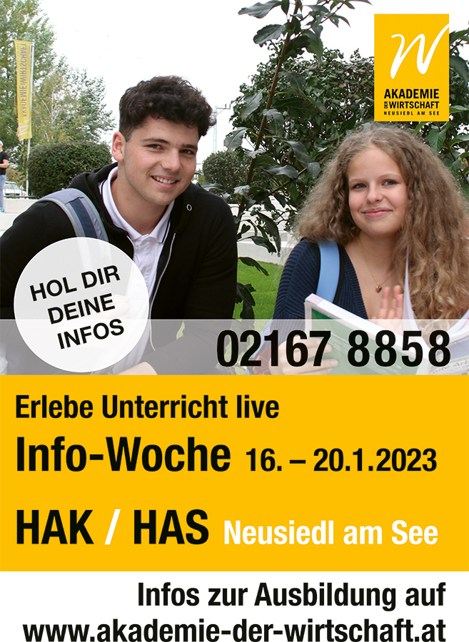 Plakat Infowoche an der Akademie der Wirtschaft in Neusiedl am See im Jänner 2023